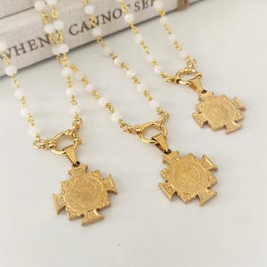 Collana con medaglia di San Benedetto in oro 18 carati e catena di cristalli sfaccettati -Gioielli religiosi cattolici,