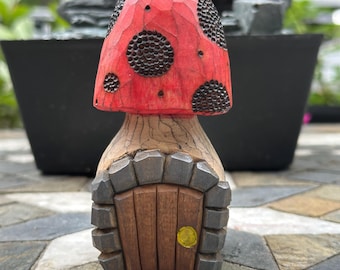 Hand-Carved Wooden Mushroom Fairy House | Whimsical Toadstool Decor | Fantasy Garden Home | Fairy House Accessory | Cottagecore Gift