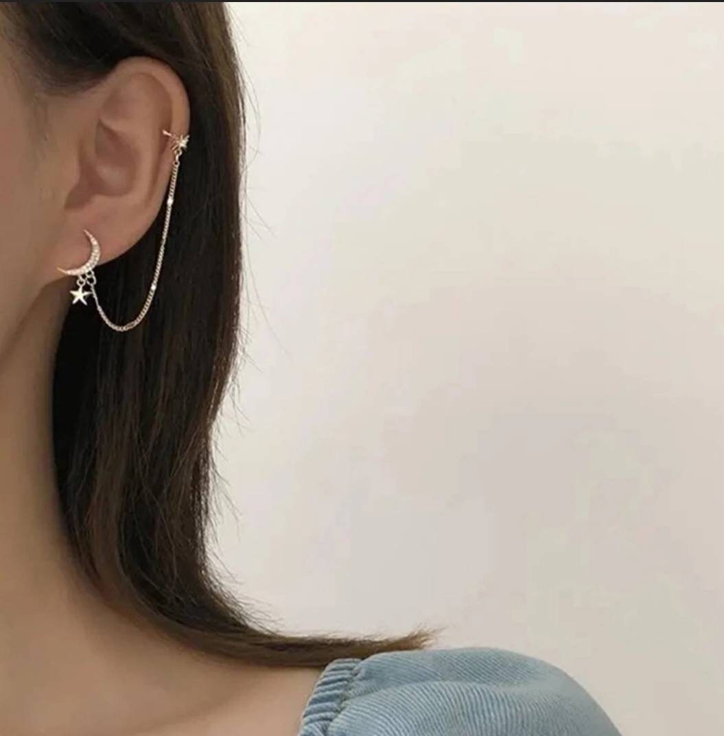 Moon Crescent  Ear Cuff, Ear Cuff, Gold Ear Cuff, Ear Cuff With Chain…