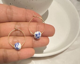 Porcelain Flower Bead Hoops, Stainless Steel Porcelain Hoop Earrings, 20mm Hoops, Dainty ,Cute, Minimalist Hoops