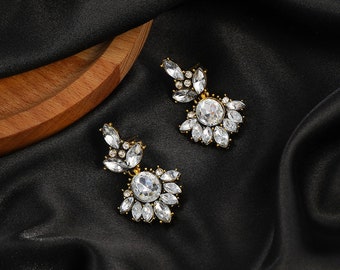 Bridal Wedding Earrings, Crystal Earring, Statement Bling Rhinestone Prom Earrings, Pageant Earrings Stud, Long crystal drop Pearl Stud