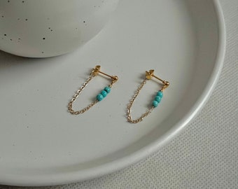 Dainty Turquoise Beaded Dangle Drop Chain Stud Earrings ,Minimalist Earrings