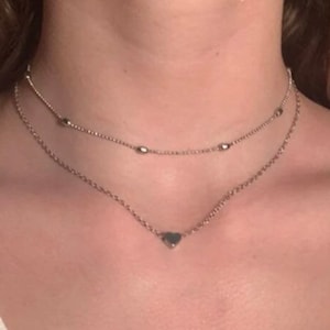 Tiny Heart Choker Necklace, Delicate Heart Necklace – Silver Heart Double Layer Choker Necklace