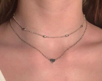 Tiny Heart Choker Necklace, Delicate Heart Necklace – Silver Heart Double Layer Choker Necklace