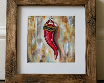 Cuadro napolitano de cuerno de la suerte pintado a mano, acrílico sobre lienzo, arte italiano.