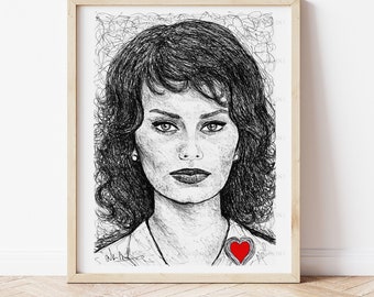 Sophia Loren Napoli ritratto china e acquerello disegnato a mano