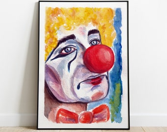 Obra de arte original pintada a mano de payaso triste en acuarela