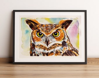 Owl painting watercolor hand painted original artwork