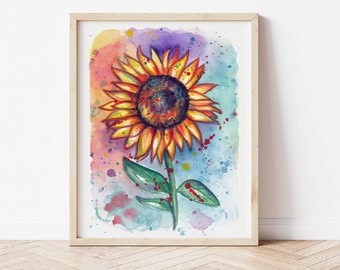Original Sonnenblumen-Aquarell handgemalt auf A4 300g Papier, auf der Rückseite signiert, Blumensymbol für Freude und Glück, einzigartige Kunst