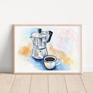 Acquerello Caffettiera Moka e Caffè – Dipinto Italiano Unico, Firmato