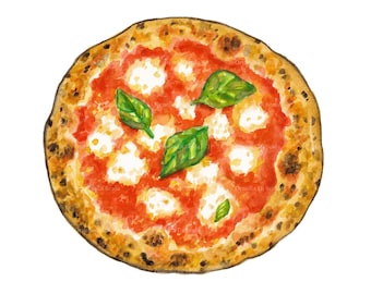 Neapolitan Margherita pizza digital watercolor, high resolution 300 DPI printable file