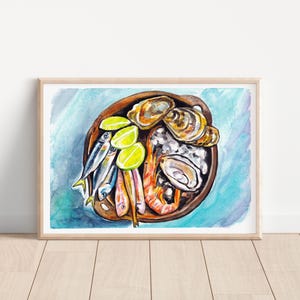 Acquerello Originale Pesci, Ostriche, Gambero e Lime | Dipinto a Mano su Carta Arches 300g A4 | Opera di Ornella Di Scala