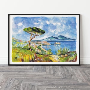 Art print Gulf of Naples with Vesuvius and pine tree – Original watercolor by Ornella Di Scala – Iconic Neapolitan landscape