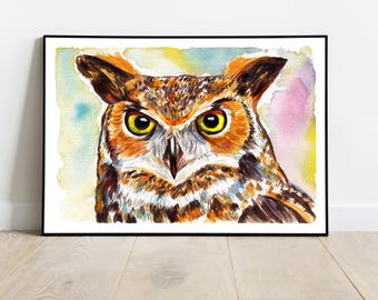 空飛ぶシロフクロウ オリジナル水彩画 猛禽類 シロフクロウ 壁アート