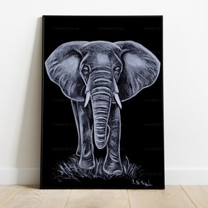 Elefante dipinto a mano acrilico e matita bianca su foglio nero