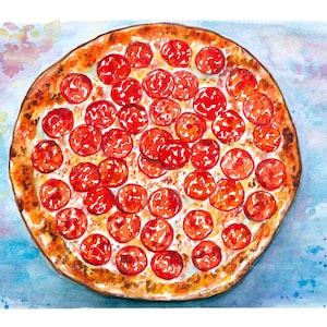 Impresión de acuarela de pizza con salami sobre cartón.
