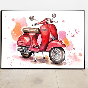 Vespa 50 rossa scooter moto acquerello dipinto a mano opera originale