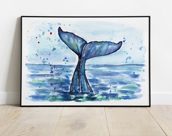 Queue de baleine aquarelle peinte à la main