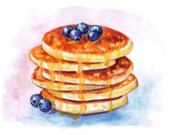 Aquarell-Pfannkuchendruck mit Blaubeeren 20 x 27 cm – Handgemachte süße Illustration, Küchendeko