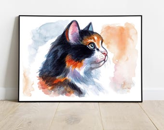 猫アート - 三毛猫の水彩画 - ファインアートプリント - 猫の絵 - 三毛