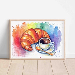 Croissant e tazza di caffè acquerello opera originale dipinto a mano