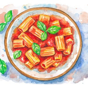 Acquerello Rigatoni al Sugo – Dipinto a Mano su Carta Arches A4 – Arte Cibo Italiano di Ornella Di Scala