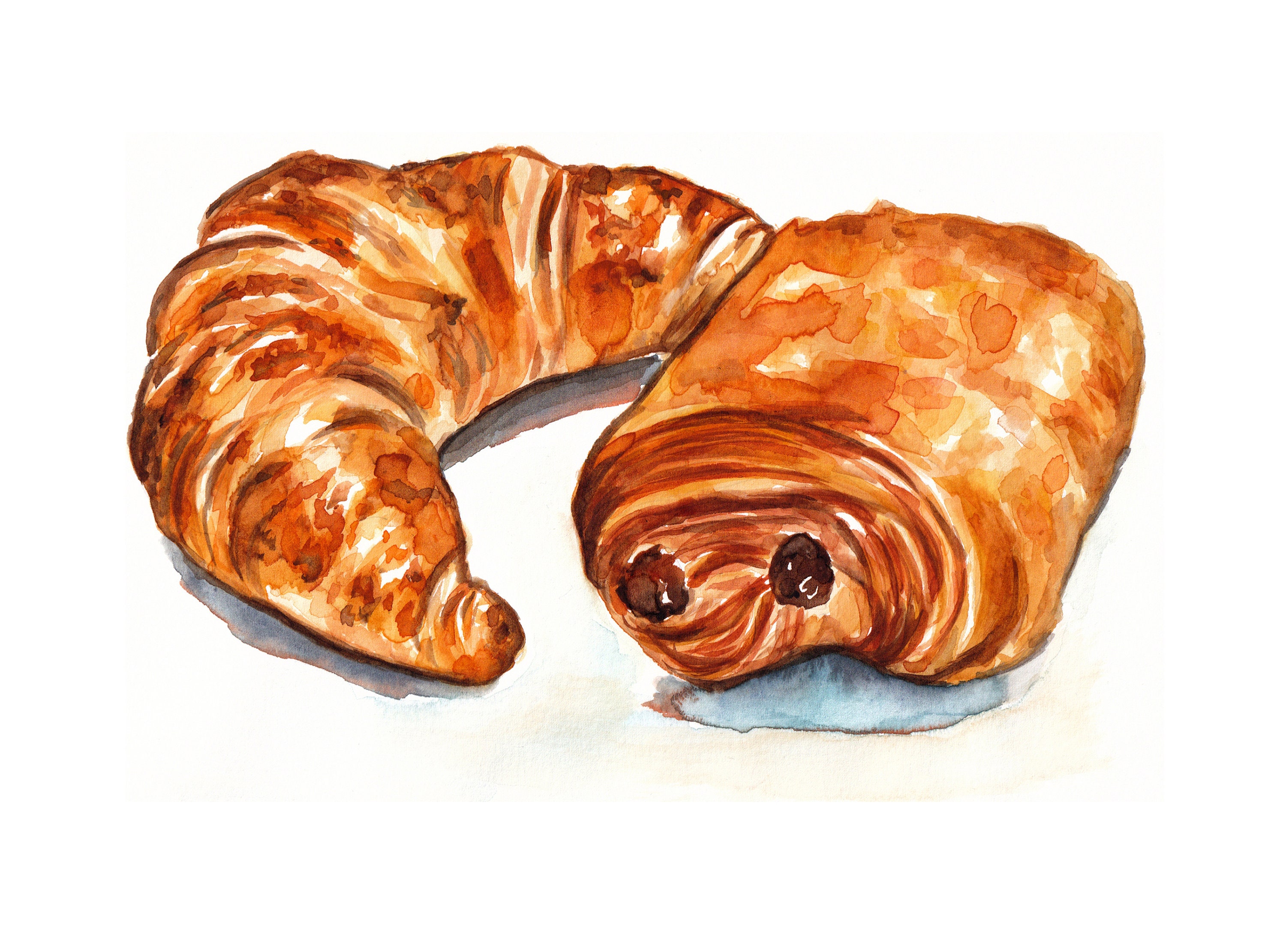 Watercolor Croissant And Pain Au Chocolat Print French Kitchen Wall Watercolor Croissant And Pain Au Chocolat Print French Kitchen Wall