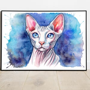 Portrait moderne de chat Sphynx peint à la main à l'aquarelle