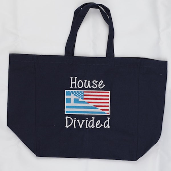 Greek-American Canvas Tote Bag, Divided House, Embroidered, Beach, Shopping, Boat, or Pool Bag, Mother's Day Gift, naturalization gift