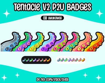 Op de afbeelding: Een set van acht kleurrijke octopus-tentakel badges met een zwarte achtergrond. De badges zijn in een rij gerangschikt, met kleuren die variëren van grijs tot oranje. De tekst "Tentacle V2 P2U Badges" staat bovenaan de afbeelding. De tekst "uwukawaii" staat in het midden van de afbeelding. De tekst "Do not copy/trace/steal" staat onderaan de afbeelding.