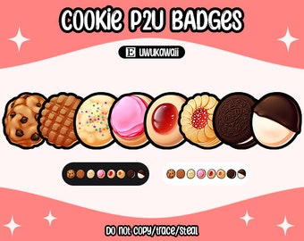 May include: A set of nine colorful cookie badges featuring various designs, including chocolate chip, waffle, sprinkle, pink frosting, jelly-filled, strawberry, Oreo, and a chocolate-covered cookie. The badges are arranged in a row on a white background with a pink border.