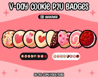 May include: A set of eight Valentine's Day cookie badges featuring different designs, including a heart-shaped cookie with red frosting, a swirl cookie with pink frosting, and a chocolate chip cookie. The badges are designed for use on Twitch, Discord, or other online platforms.