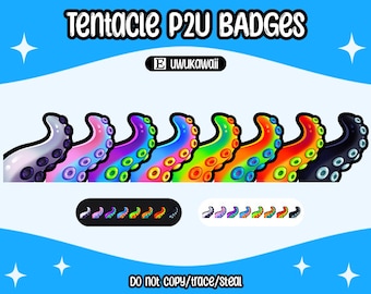 May include: A set of eight colorful octopus tentacle badges. The tentacles are in various colors, including purple, blue, green, orange, and black. The badges are designed for use on Twitch, Discord, or other online platforms.