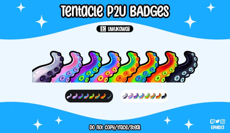 Op de afbeelding: Een set van acht kleurrijke octopus-tentakelbadges. De tentakels zijn in verschillende kleuren, waaronder paars, blauw, groen, oranje en zwart. De badges zijn ontworpen voor gebruik op Twitch, Discord of andere online platforms.