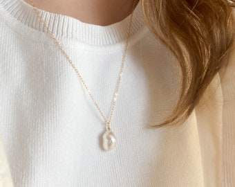 Baroque Pearl Necklace, Gold Filled, Waterproof, Single Floating Pearl, Cultured, Mother's Day Gift, June Birthstone, Minimal, Sustainable