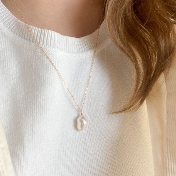 Collier de perles baroques, or rempli, imperméable, une seule perle flottante, de culture, cadeau de fête des mères, pierre de naissance de juin, minimal, durable