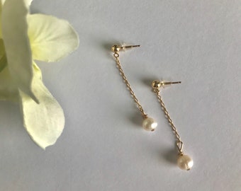 Gold Filled Stud Chain Pearl Earrings that you'll love! Click for more info! | Pearl Drop Earrings | Chain Earrings | Threader Earrings