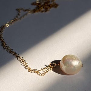 Baroque Pearl Necklace, Gold Filled, Waterproof, Single Floating Pearl, Cultured, Mother&#39;s Day Gift, June Birthstone, Minimal, Sustainable