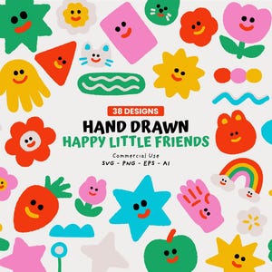 Paquete de imágenes prediseñadas adorables, carita sonriente kawaii PNG, personaje de flor dibujado a mano SVG, imágenes prediseñadas de garabatos coloridos, diseño para sublimación, archivo de corte para Cricut