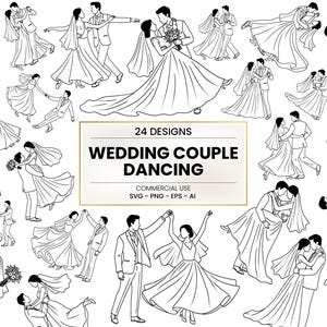 Op de afbeelding: Een verzameling van 24 zwart-wit lijntekeningen met dansende bruidsparen. De ontwerpen tonen verschillende poses van paren in trouwkleding, met de tekst "WEDDING COUPLE DANCING" en "24 DESIGNS" in een rechthoekig kader.