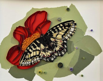 Arte de pared con mariposas en filigrana, decoración de flores de papel enmarcadas (16 x 20)