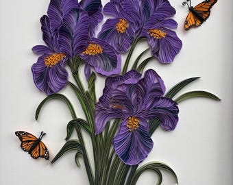 Arte de quilling de papel con iris morado, decoración floral de pared hecha a mano con mariposas