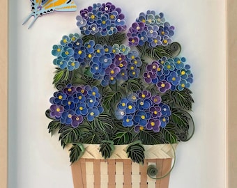 Cesta de flores de hortensia con filigrana, arte de pared enmarcado (30,5 x 40,6 cm)