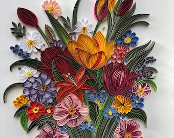 Flores de arte en filigrana de papel, decoración floral de pared hecha a mano, ramo de flores, regalo para ella, flores de filigrana