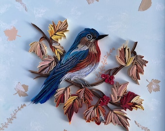 Obra de arte de filigrana de papel hecha a mano con pájaros azules, arte en papel enmarcado,