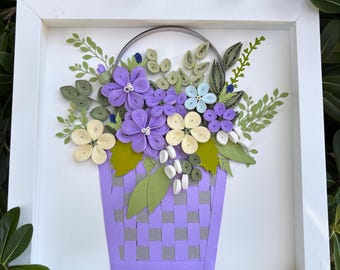 Arte floral con filigrana de papel, decoración de pared con cestas de flores, arte botánico hecho a mano