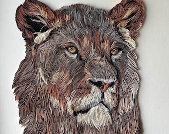 Leona africana en filigrana, arte de pared enmarcado con león, león en filigrana, regalo para ella, decoración de pared con animales en filigrana, regalo original, arte de papel hecho a mano.