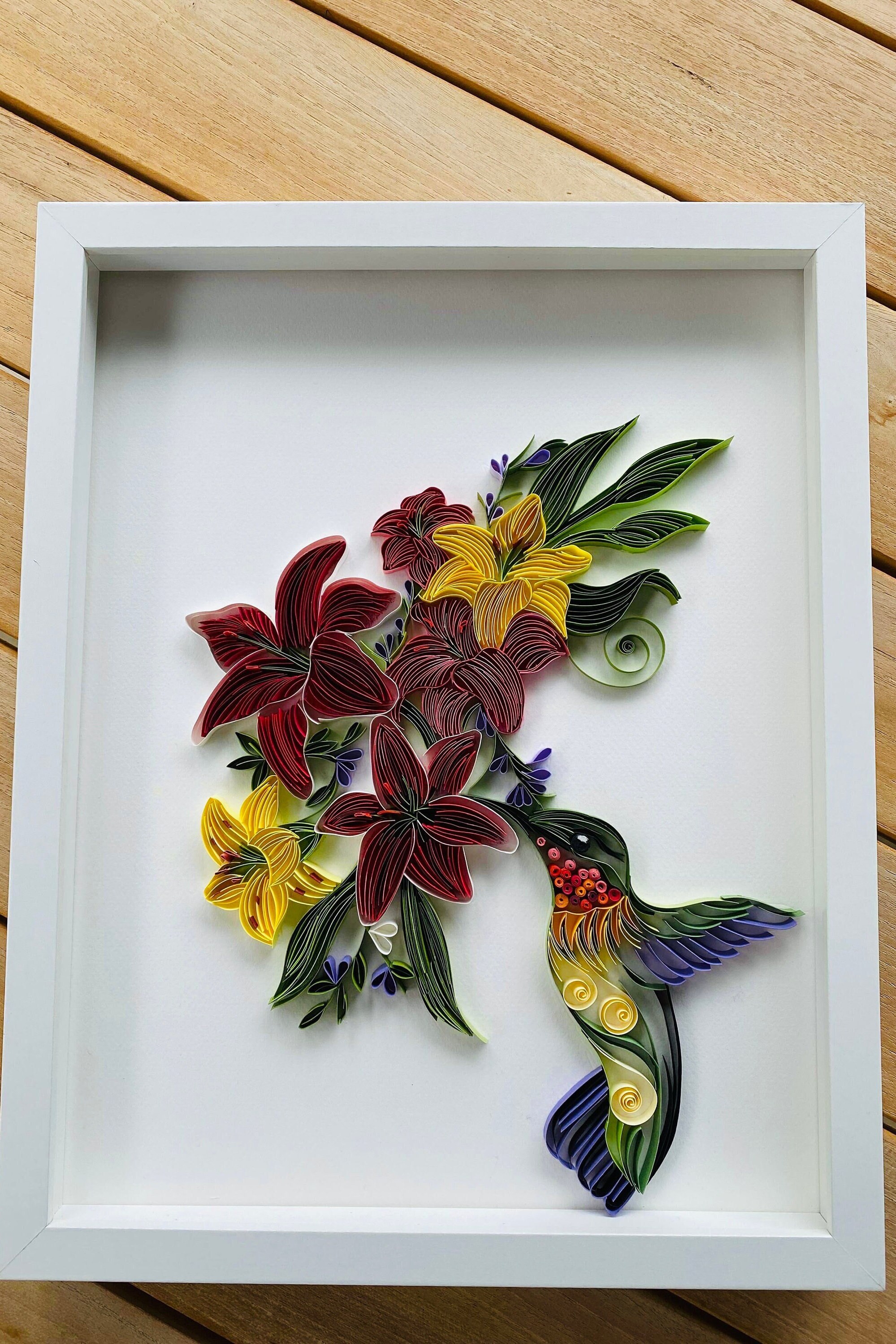 Quilling Hummingbird, Quilling Flowers, Quilled Lilies, Quilling Framed Wall Art, Original Gift