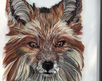Obra de arte de zorro hecha a mano en filigrana, arte de papel enmarcado