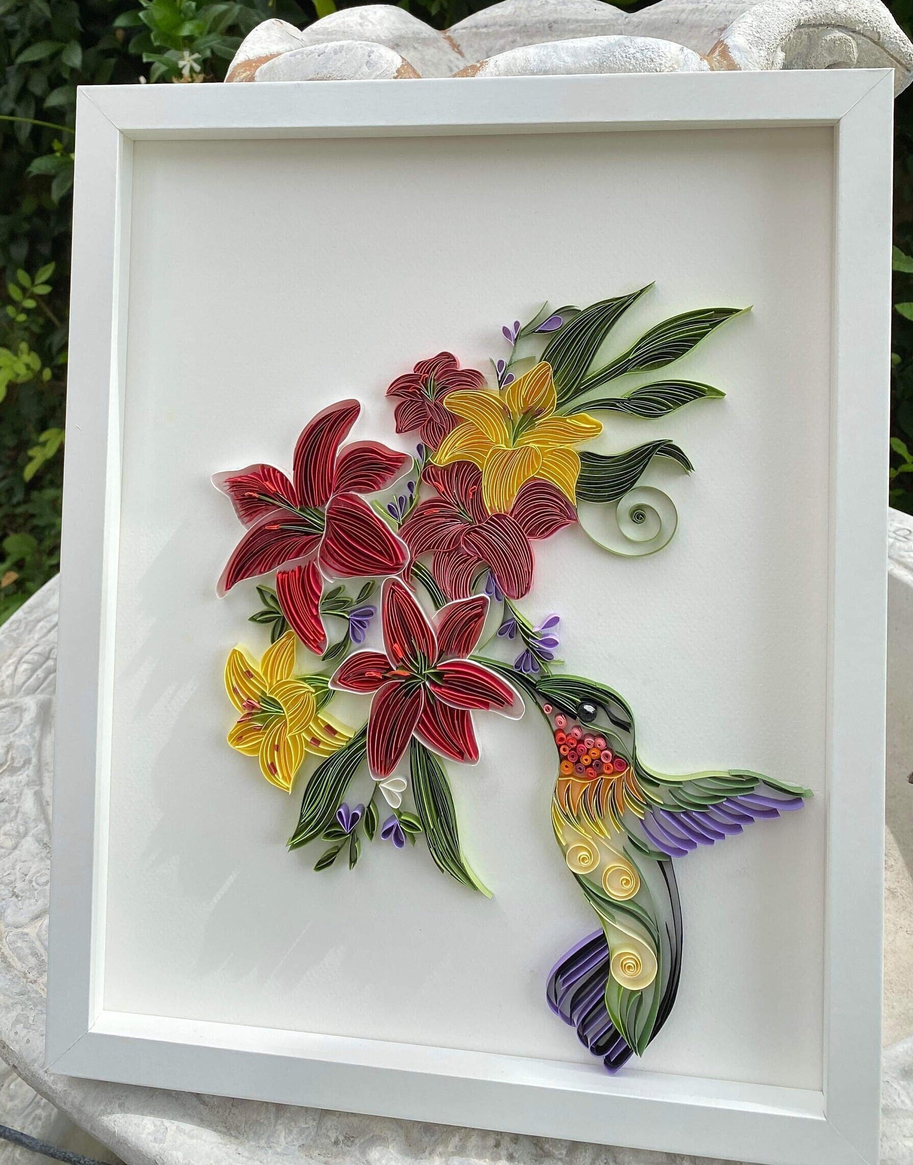 Quilling Hummingbird, Quilling Flowers, Quilled Lilies, Quilling Framed Wall Art, Original Gift